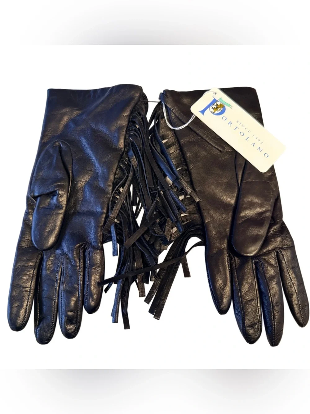 Women’s Portolano Black Leather Fringe Gloves 6.5